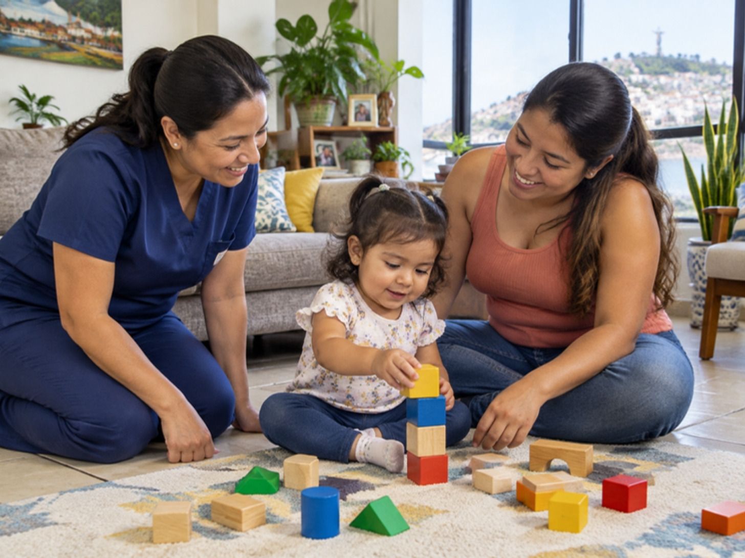 Terapeuta guiando a una mamá que juega con su hija en casa